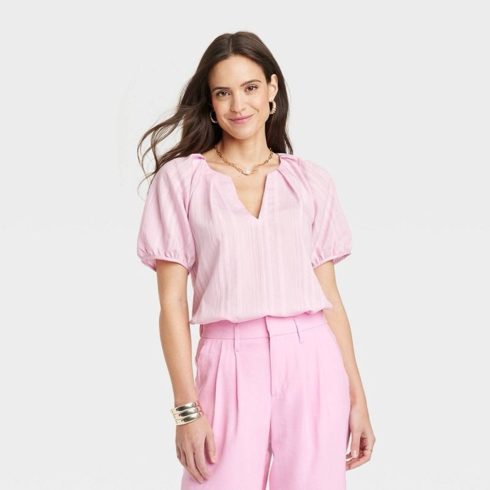 A New Day Women’s Elbow Sleeve V Neck Top Pink Size S